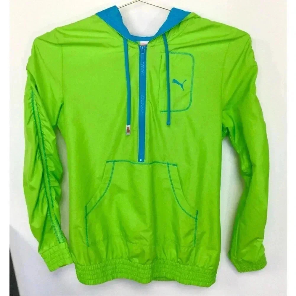 Puma Woman’s Neon Green Solid Long Sleeve Half Zip Hooded Windbreaker Jacket Siz